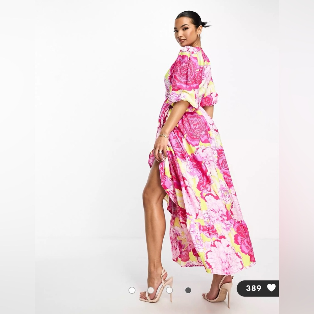 Wrap maxi dress in neon rose print. The prettiest color combo